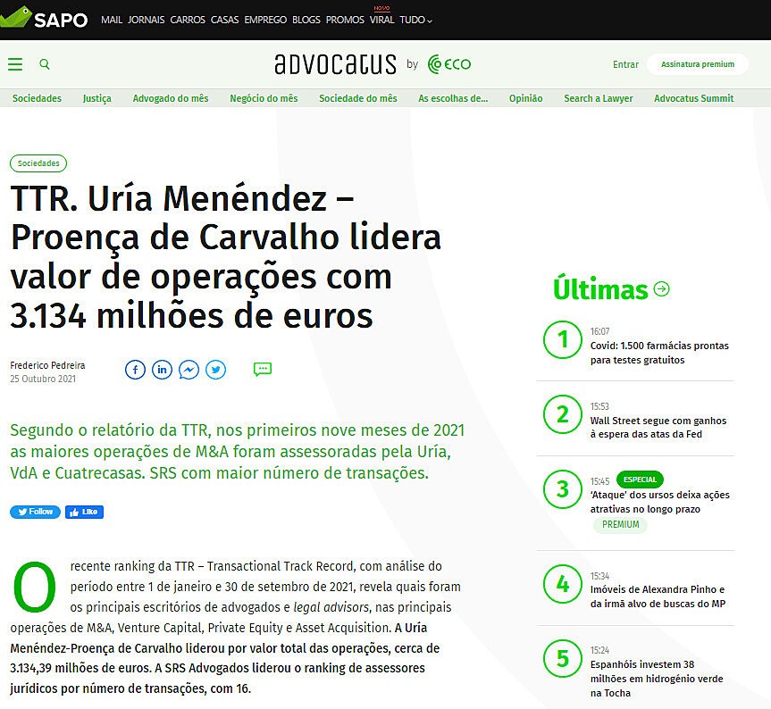TTR. Ura Menndez  Proena de Carvalho lidera valor de operaes com 3.134 milhes de euros